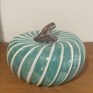 🦁 Striped Teal Ceramic Pumpkin Decor